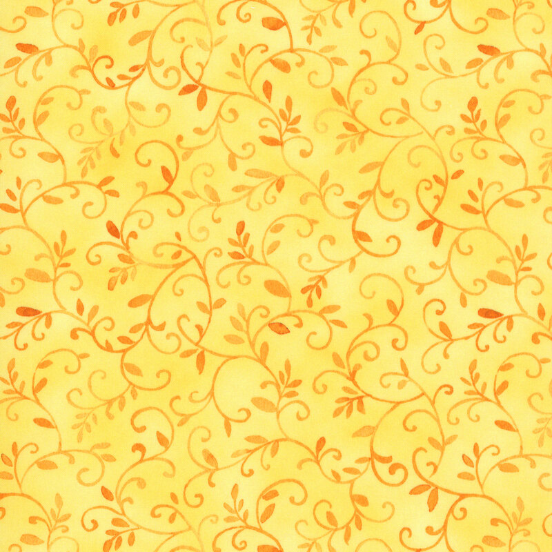 dark gold scrolling vines and leaves on a mottled yellow background.