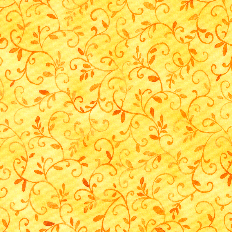 dark gold scrolling vines and leaves on a mottled yellow background.