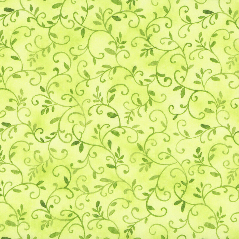 tonal scrolling vines and leaves on a mottled lime background.