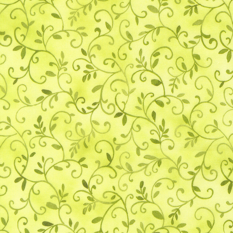tonal scrolling vines and leaves on a mottled lime background.