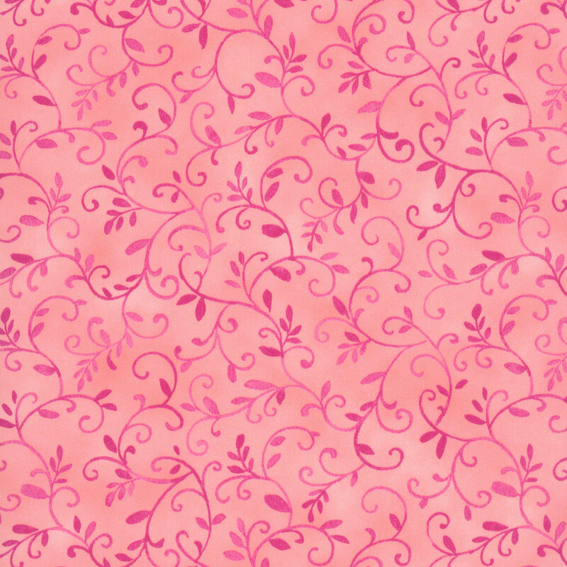 tonal scrolling vines and leaves on a mottled coral pink background.