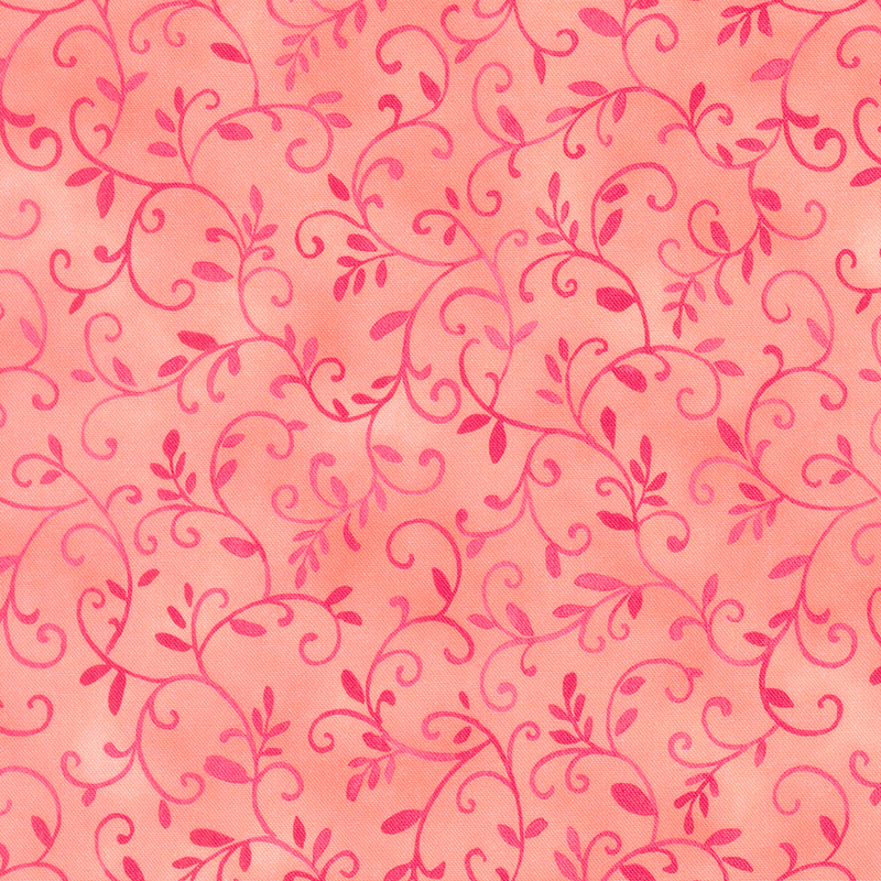 tonal scrolling vines and leaves on a mottled coral pink background.