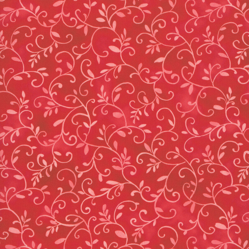 tonal scrolling vines and leaves on a mottled strawberry red background.