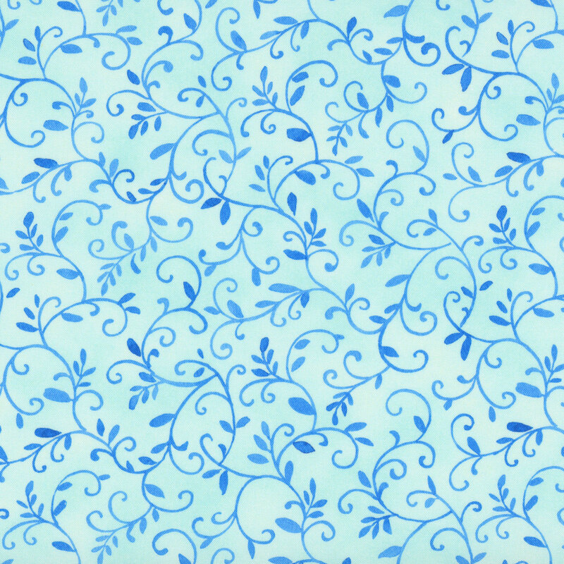 tonal scrolling vines and leaves on a mottled pale cyan background.