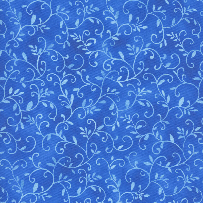 tonal scrolling vines and leaves on a mottled lapis background.