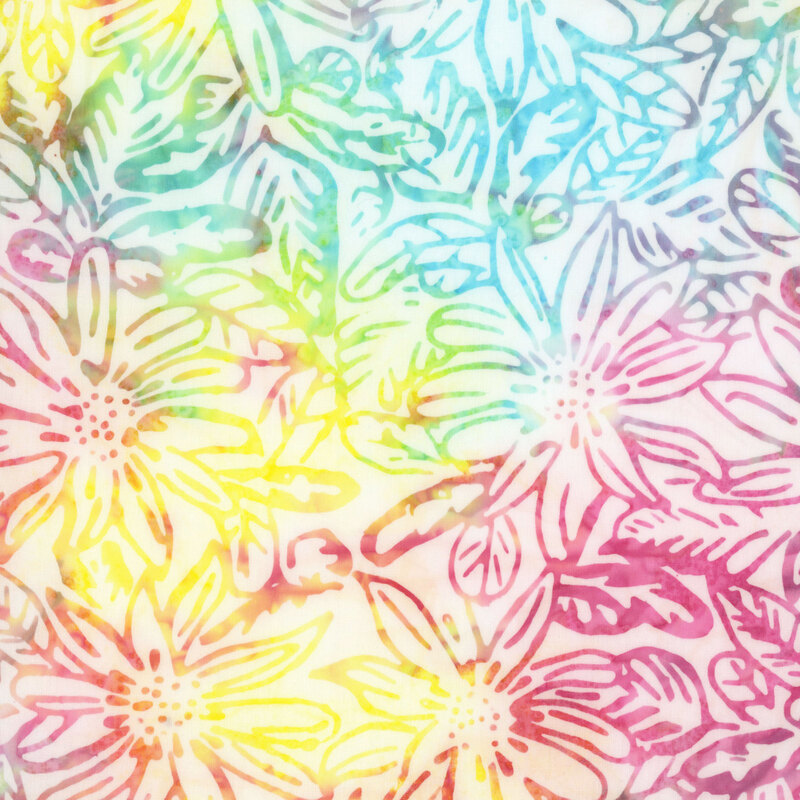 Cream batik with bright, multicolored floral prints.