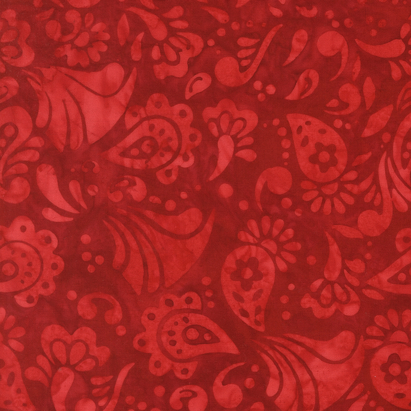 Rose red batik with raspberry red paisleys and dots on top.