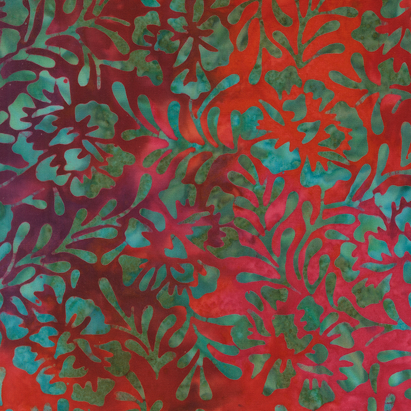 Jewel red batik topped with teal and turquoise floral design.