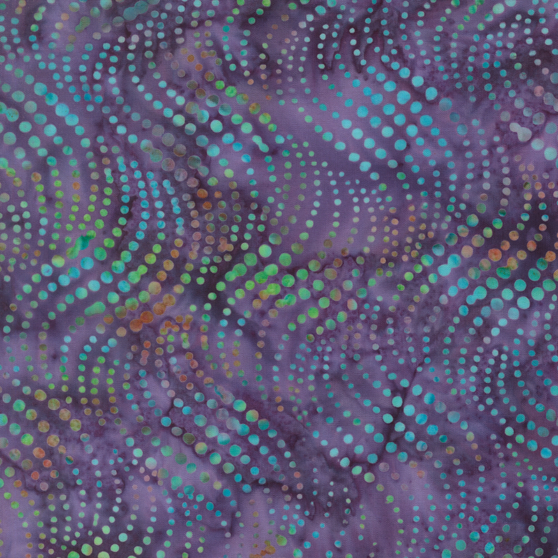Heather and deep purple batik topped with a multicolored wavy dotted line design.