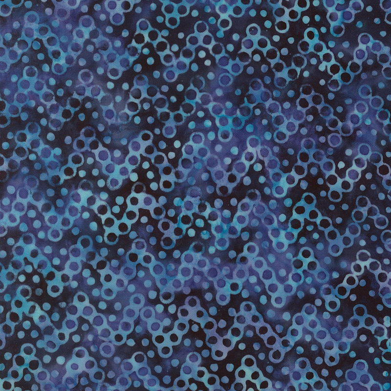  Black and deep purple batik topped with aqua and blue circular zigzag lines.