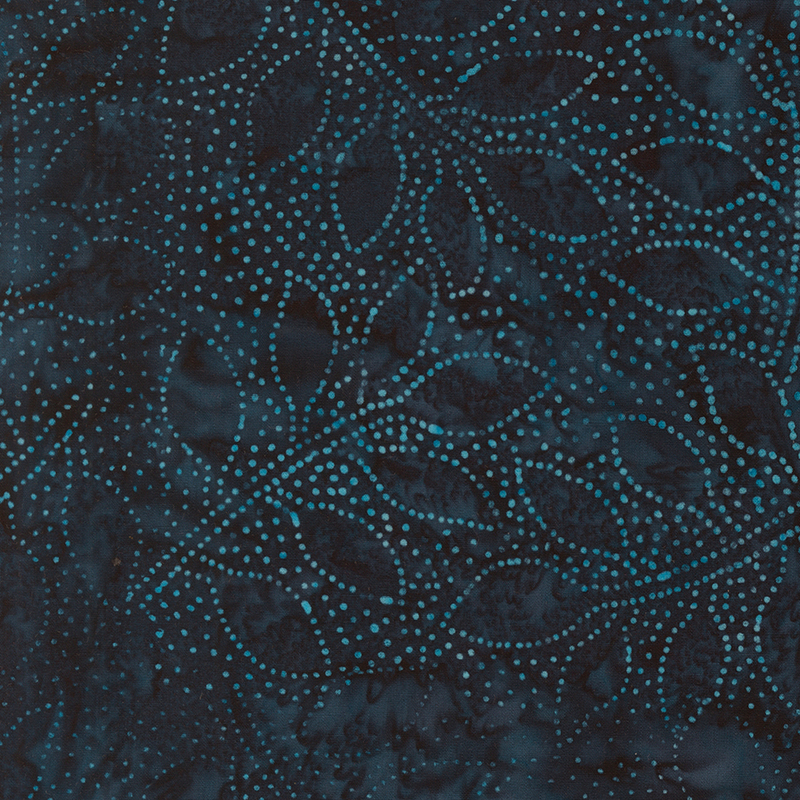 Deep slate blue batik with peacock blue dots and dotted leaves.