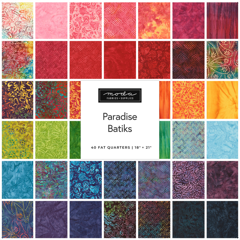 Digital collage of the Fat Quarter Bundle from the Paradise Batiks fabric collection.