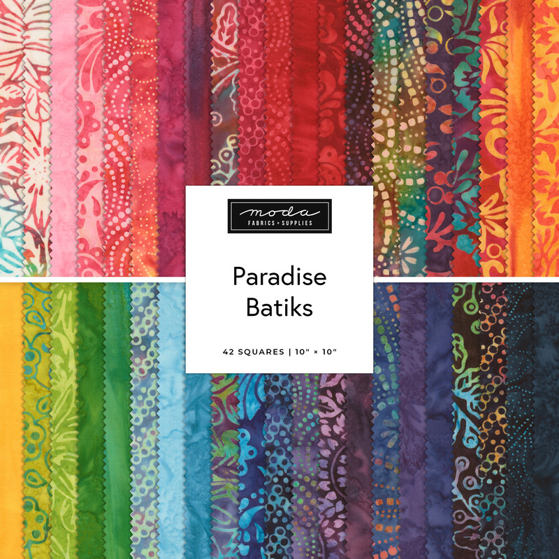Digital collage of the Layer Cake Bundle from the Paradise Batiks fabric collection.