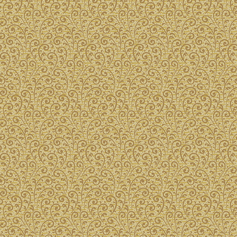 yellow green fabric with a graceful pattern of delicately stylized fern leaves.