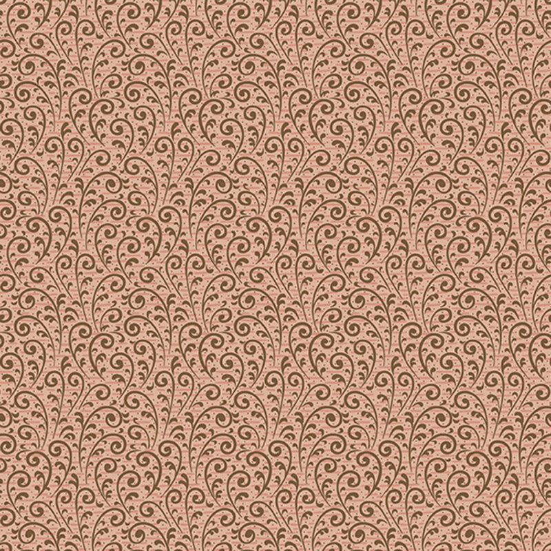 Pink fabric with a graceful pattern of delicately stylized fern leaves.