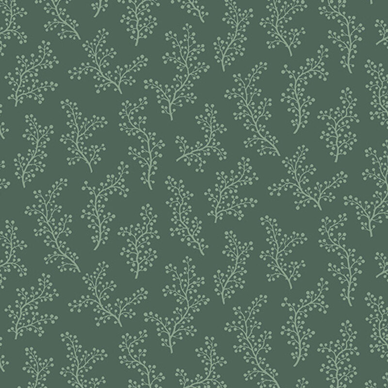 Teal fabric with an elegant tonal pattern of delicate branches dotted with charming sprigs.