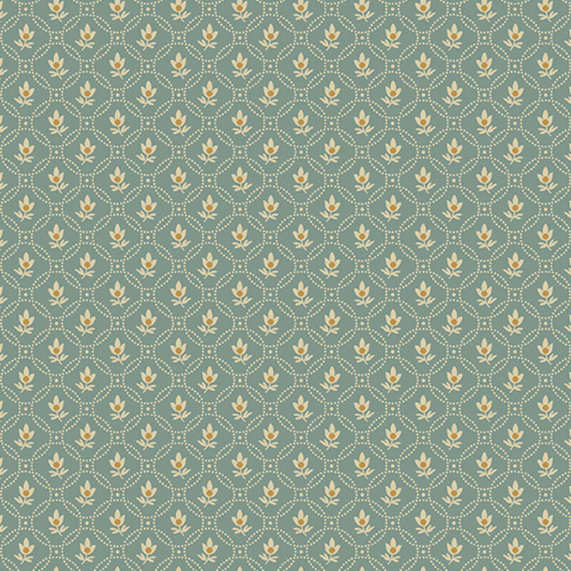 Teal fabric with an elegant ornamental pattern accented with beautifully stylized florals.