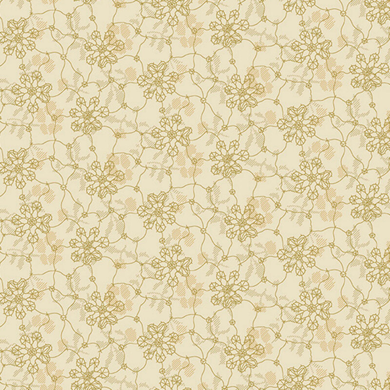 Cream fabric with an artistic abstract pattern of stylized woven florals.
