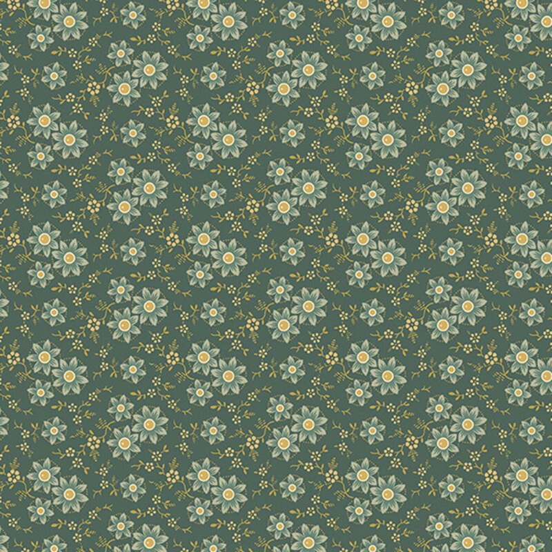Dark teal fabric with an elegant pattern of stylized florals intertwined with graceful vines.