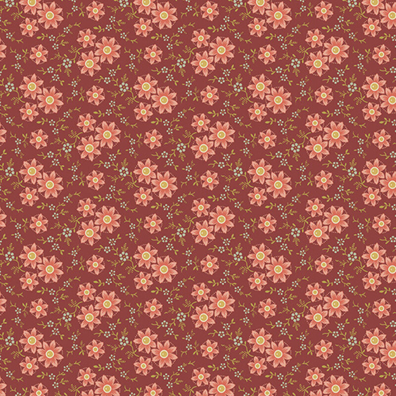Rouge fabric with an elegant pattern of stylized florals intertwined with graceful vines.