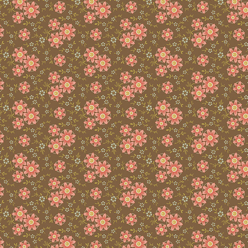 Brown fabric with an elegant pattern of stylized florals intertwined with graceful vines.
