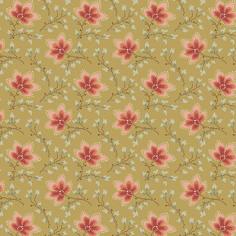 Bronze yellow fabric with an elegant pattern of stylized florals intertwined with long, graceful vines.