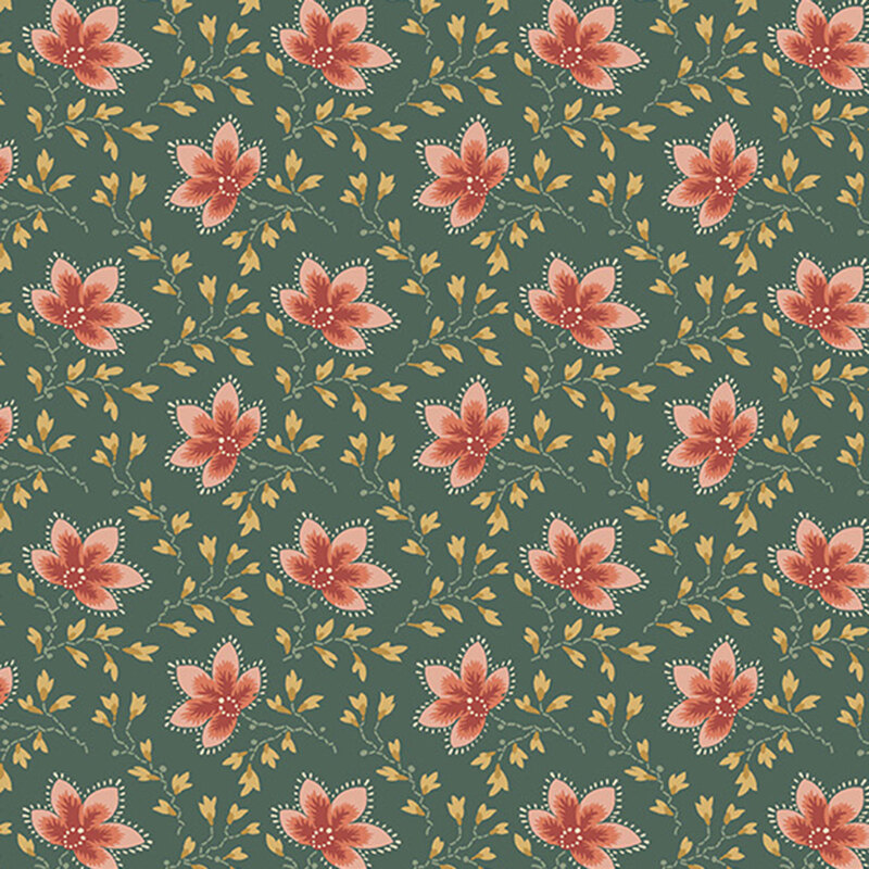 Dark teal fabric with an elegant pattern of stylized florals intertwined with long, graceful vines.