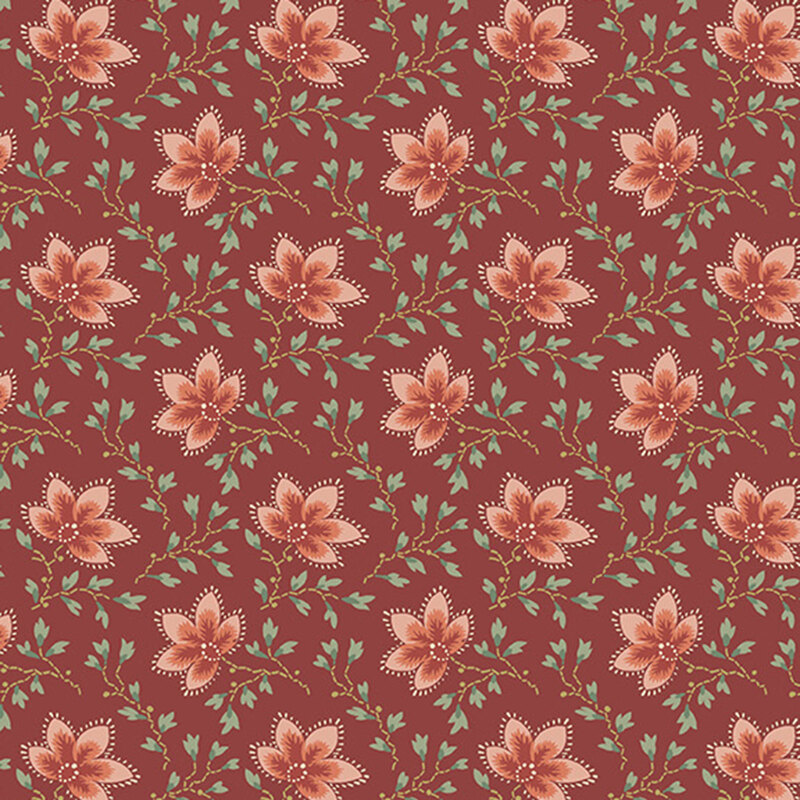 Red fabric with an elegant pattern of stylized florals intertwined with long, graceful vines.