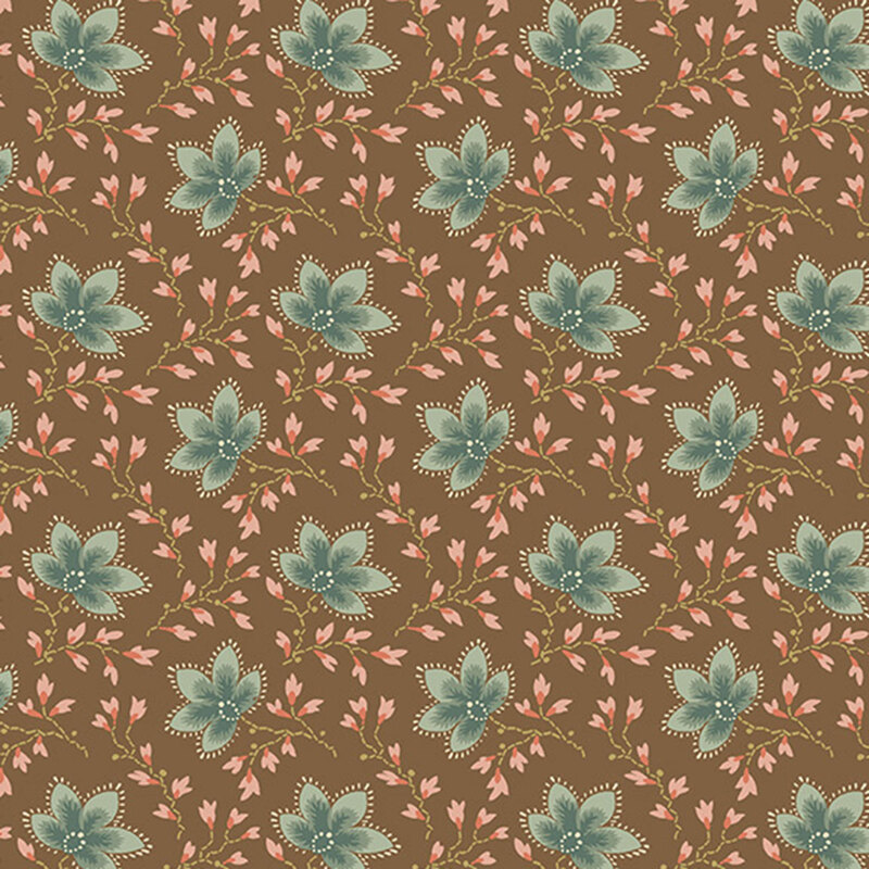Brown fabric with an elegant pattern of stylized florals intertwined with long, graceful vines.
