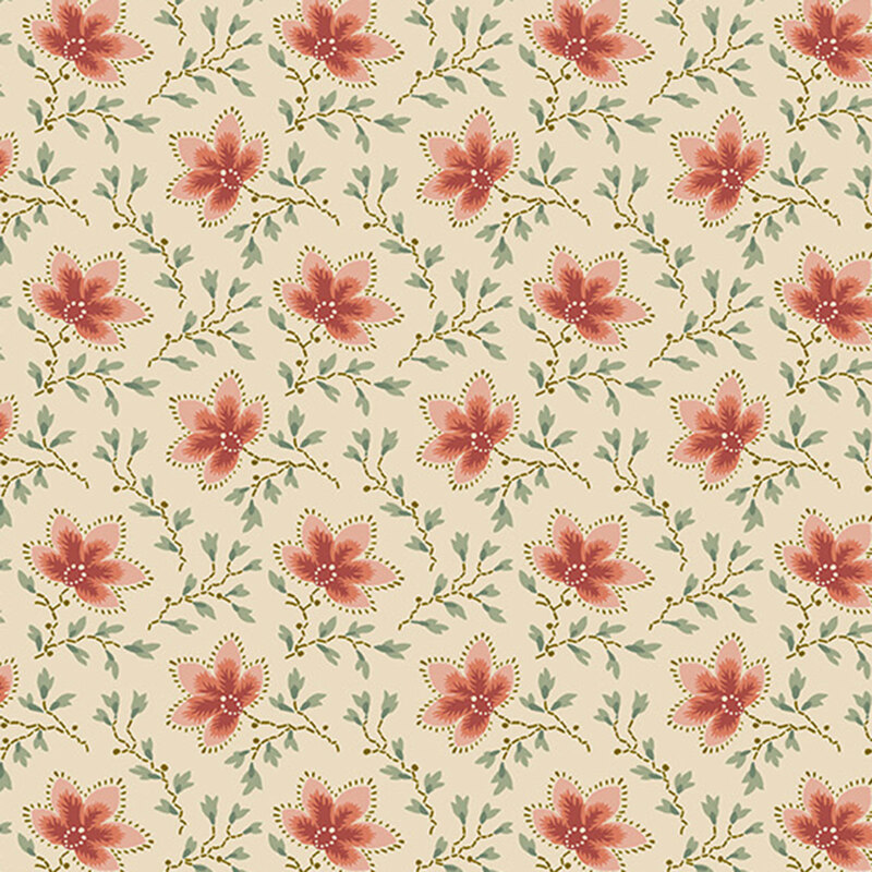 Cream fabric with an elegant pattern of stylized florals intertwined with long, graceful vines.