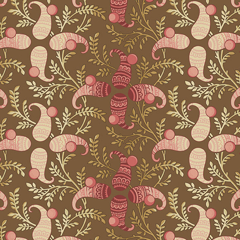 Brown fabric with an intricate ornamental pattern of graceful leaves and abstract paisley motifs.