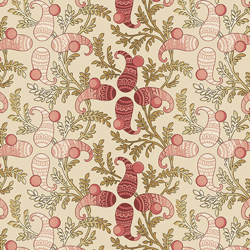 Cream fabric with an intricate ornamental pattern of graceful leaves and abstract paisley motifs.