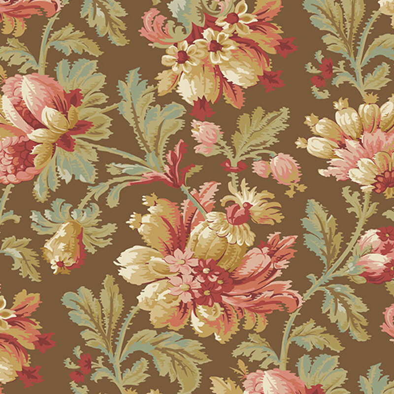 Brown fabric with an elegant pattern of large, Jacobean-style florals and stylized leaves.