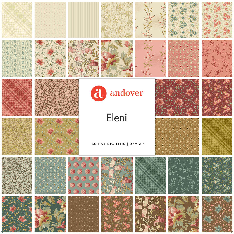 Pattern swatch collage surrounding a central label reading “Andover Eleni” and “36 fat eighths.”