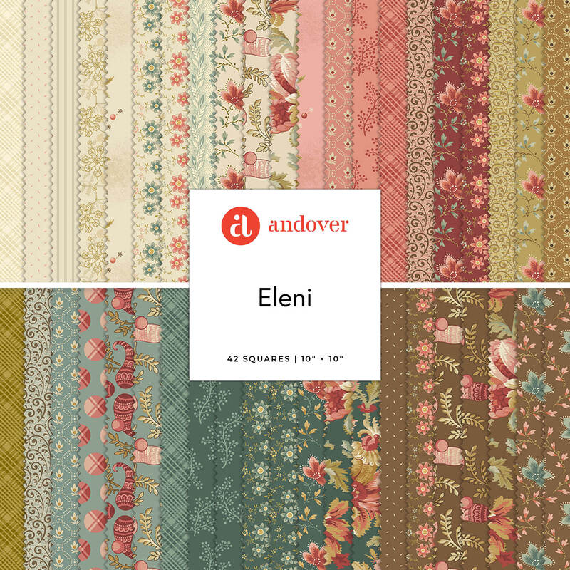 Patchwork quilt fabric swatches in floral and geometric patterns labeled “Eleni” by Andover.