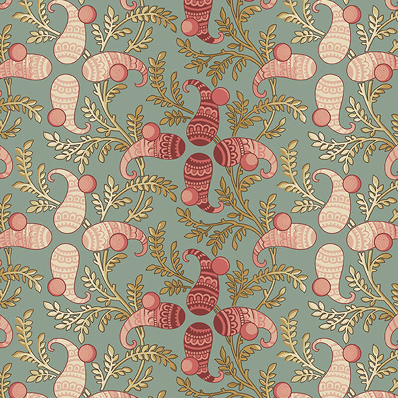 Teal 108" wide fabric with an intricate ornamental pattern of graceful leaves and abstract paisley motifs.