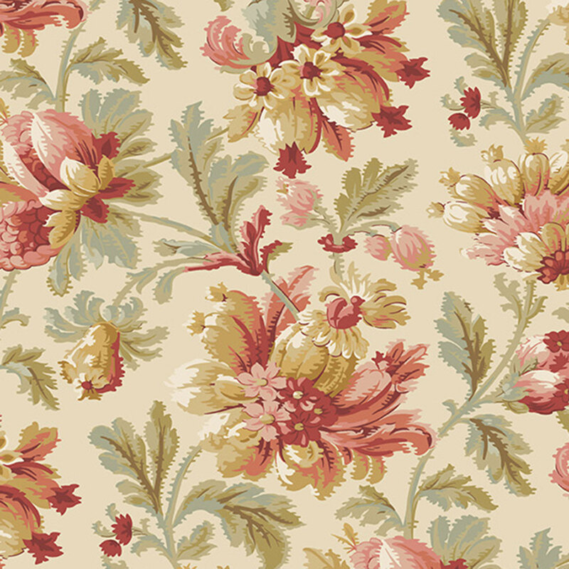 Cream 108" wide fabric with an elegant pattern of large, Jacobean-style florals and stylized leaves.