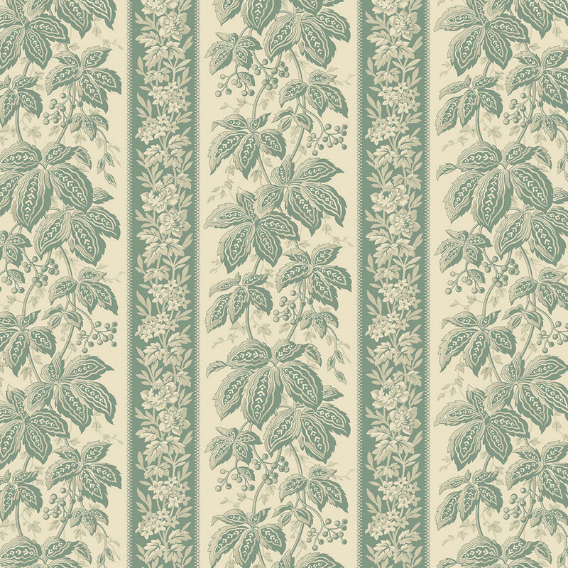 108" wide cream fabric with an elegant striped pattern accented with stylized leaves.