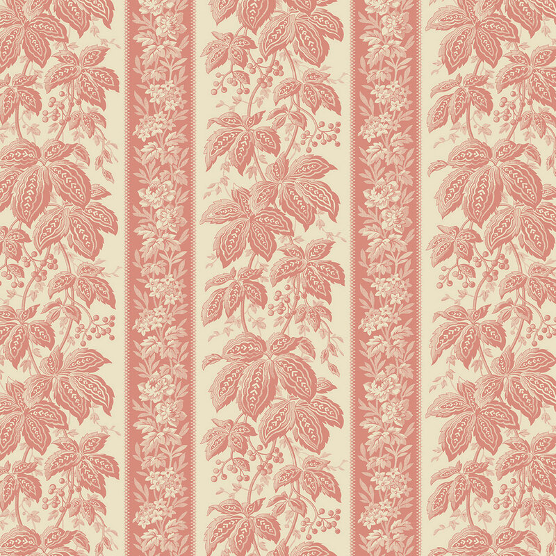 108" wide cream fabric with an elegant striped pattern accented with stylized leaves.