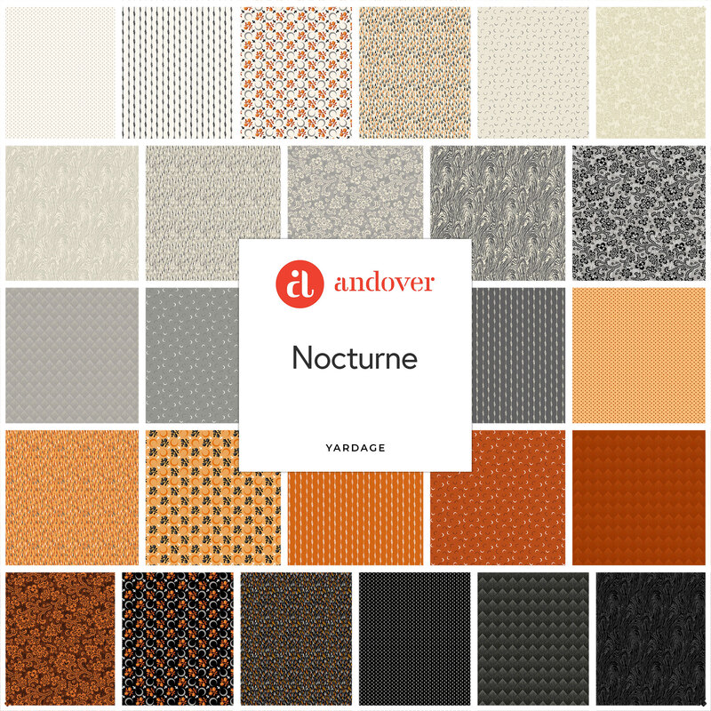 A collage of fabrics featured in the Nocturne Collection by Andover.
