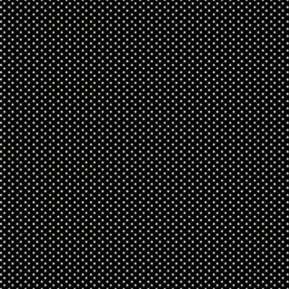A black fabric with dense white polka dots. 