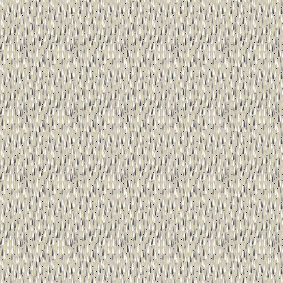 A light gray fabric with white, cream, and charcoal raindrops.