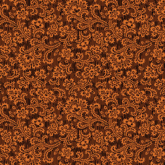 A burnt sienna fabric with intricate lace florals and vines. 