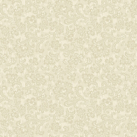 A cream fabric with intricate lace florals and vines. 