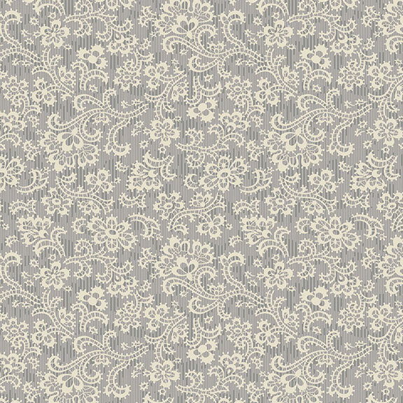 A gray fabric with cream floral lace and vines.