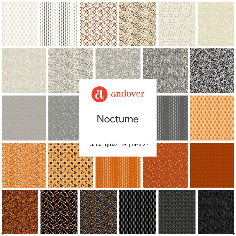 A collage of fabrics featured in the Nocturne Fat Quarter Bundle by Andover.