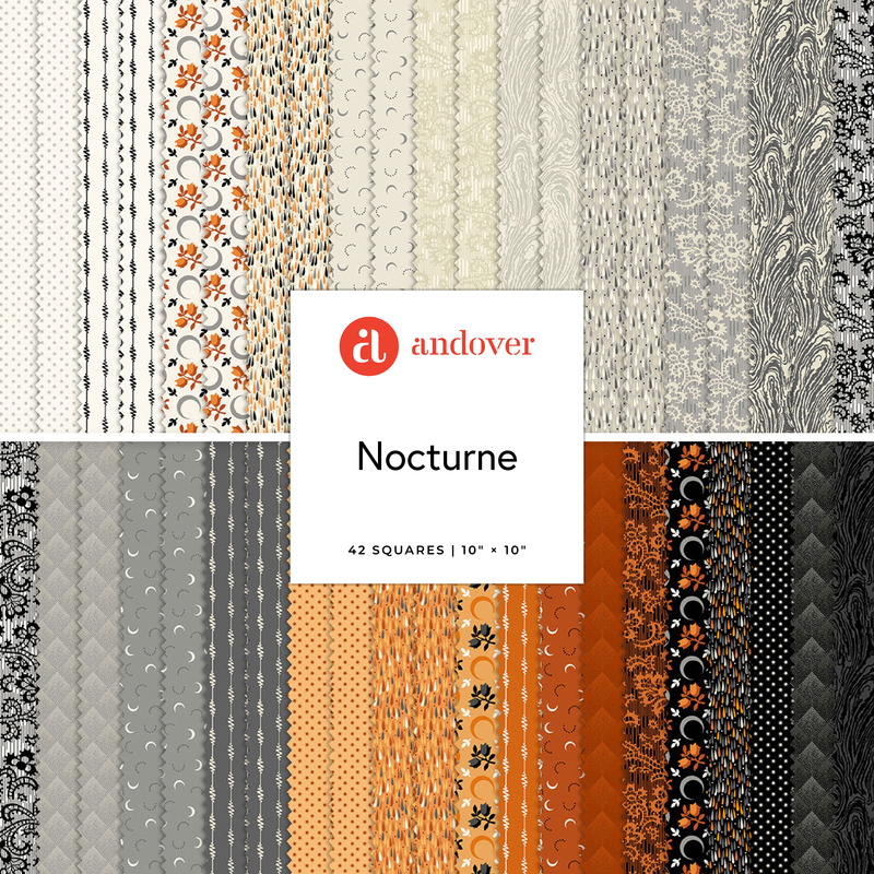 A collage of fabrics featured in the Nocturne Layer Cake by Andover.