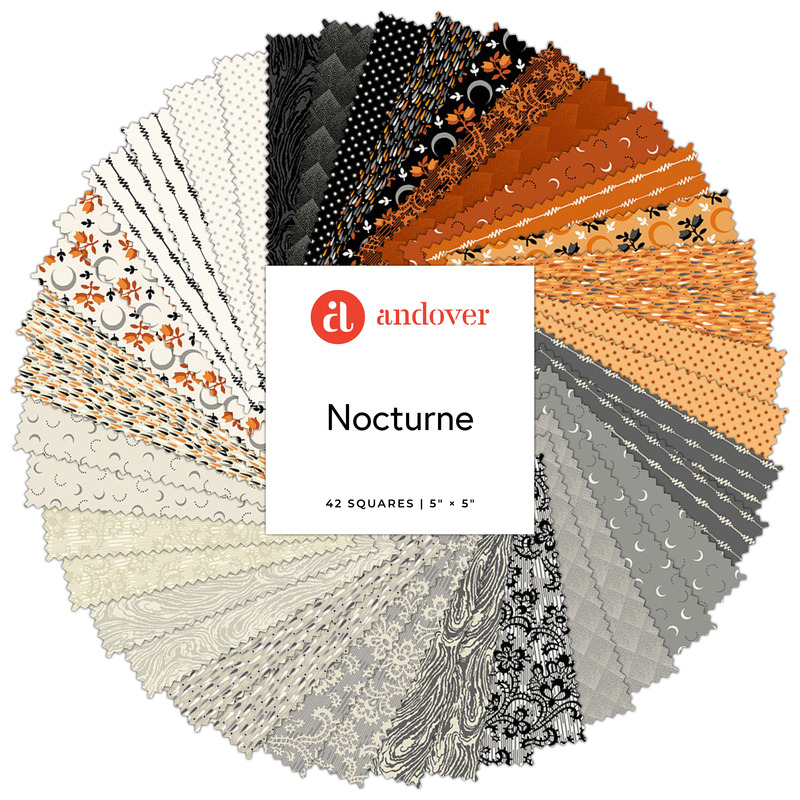 A collage of fabrics featured in the Nocturne Charm Pack by Andover