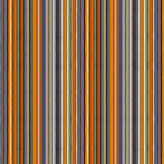 Multi striped fabric in shades of purple, green, orange, white, and black.