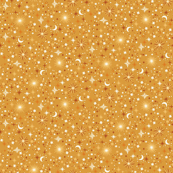 Gold fabric that features twinkling stars, crescent moons, and radiant starbursts with orange accents.